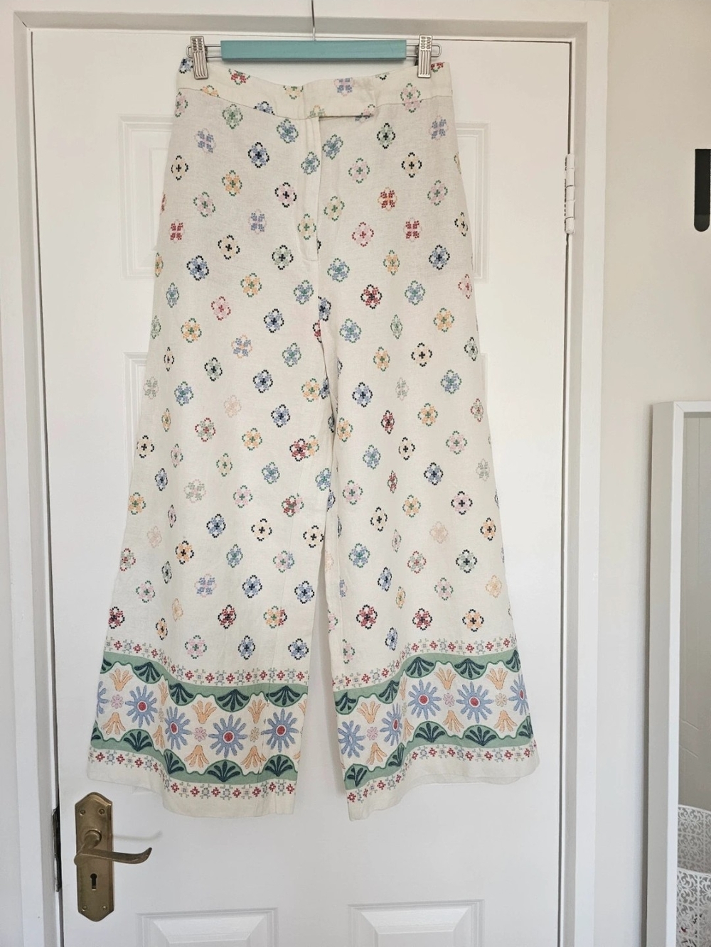 Zara White Wide-Leg Embroidered Border Pants - Multicolor Floral Motif
